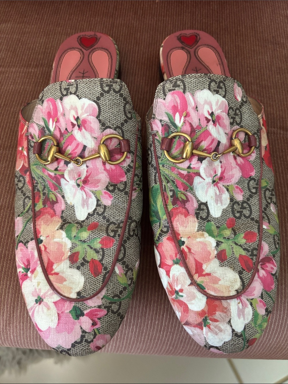 Gucci Blooms Horsebit Princetown Mules GG Floral Canvas Leather Slip On Pink Tan - Picture 12 of 17